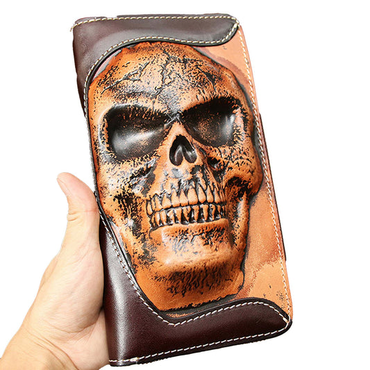 Men's Zipper Wallet Cowhide Skull Ghost Head brown