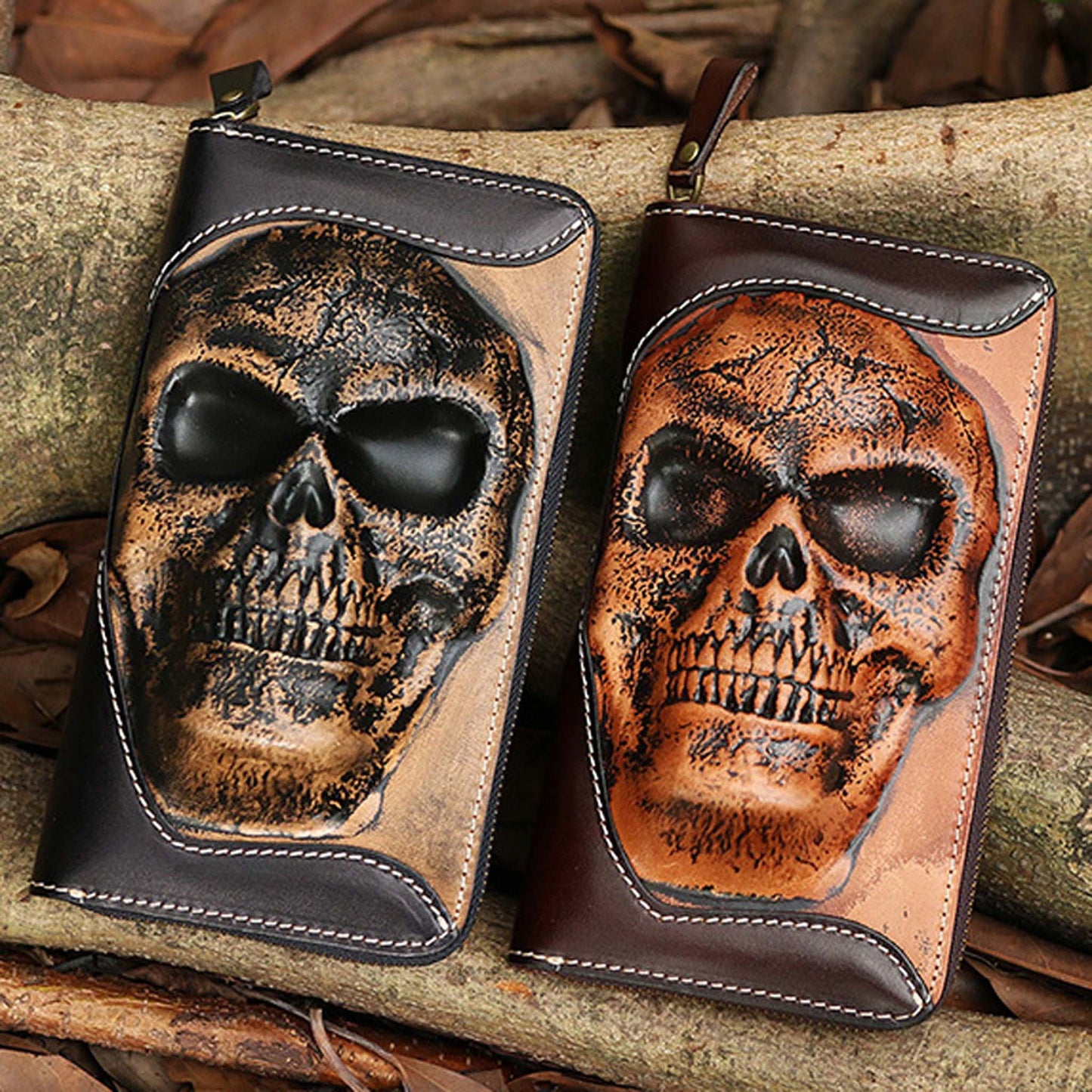 Men's Zipper Wallet Cowhide Skull Ghost Head