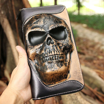 Men's Zipper Wallet Cowhide Skull Ghost Head black