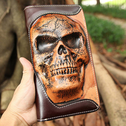 Men's Zipper Wallet Cowhide Skull Ghost Head brown